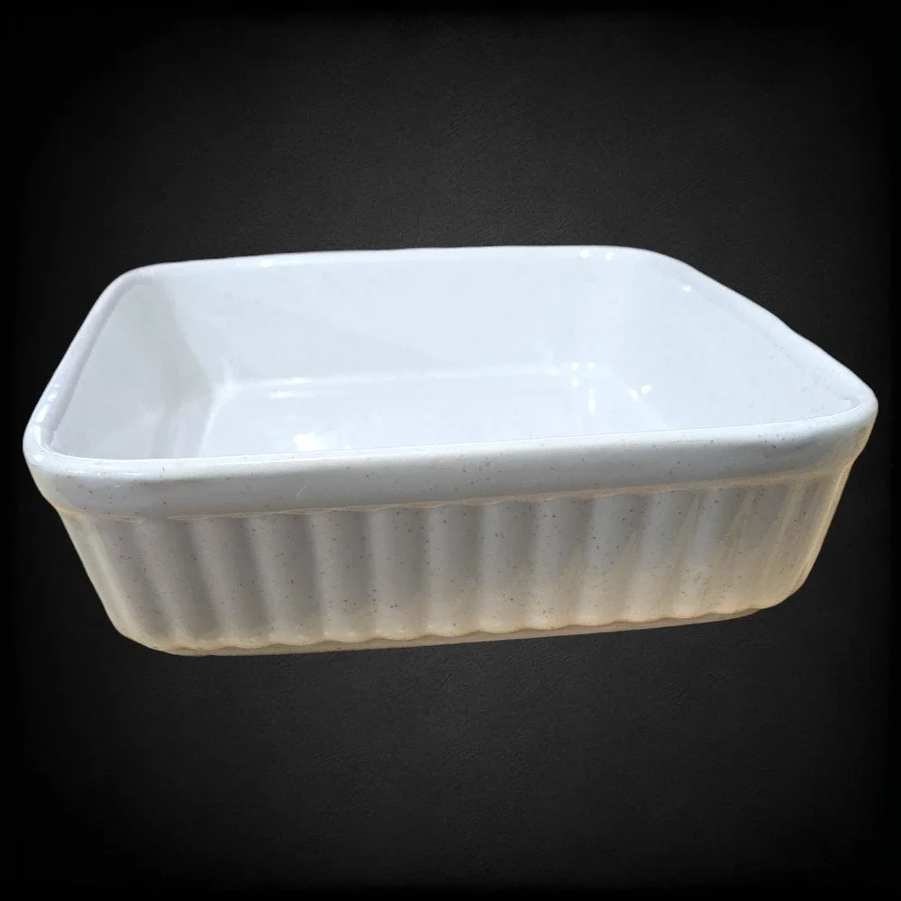 Vintage Stoneware Cream Speckled Japan Ribbed Mini Baking Dish Casserole Pan